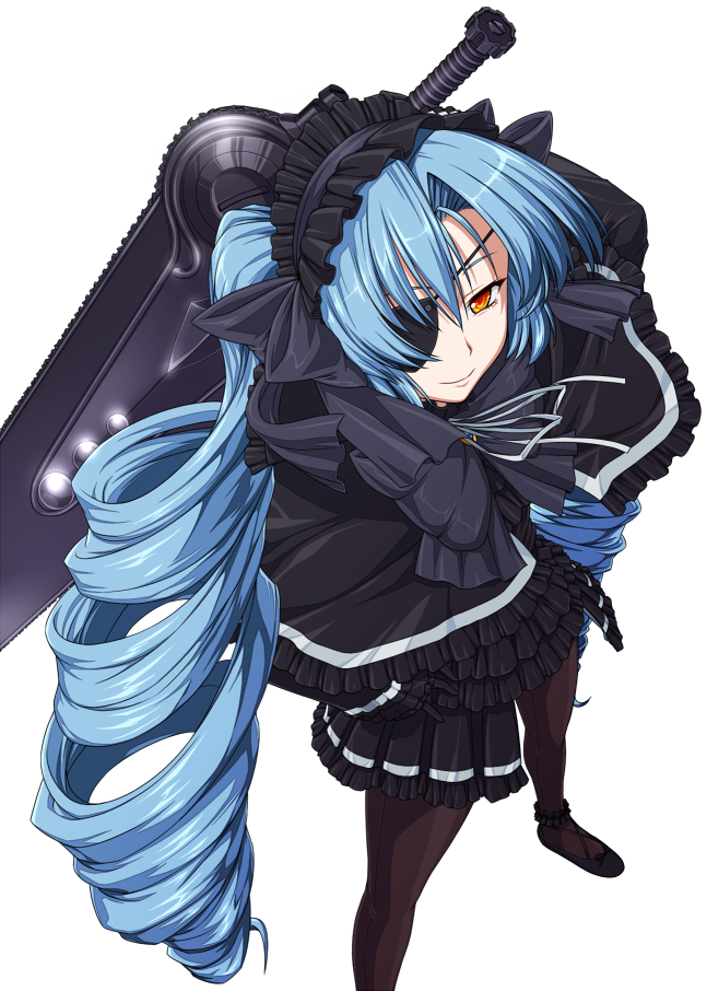 blue_hair bow brown_eyes drill_hair eyepatch frills from_above gloves gothic_lolita hairband lefa_(lemuria) lolita_fashion lolita_hairband long_hair pantyhose rinkou_no_lemuria sword tokitaka_(amaterath) twin_drills very_long_hair weapon