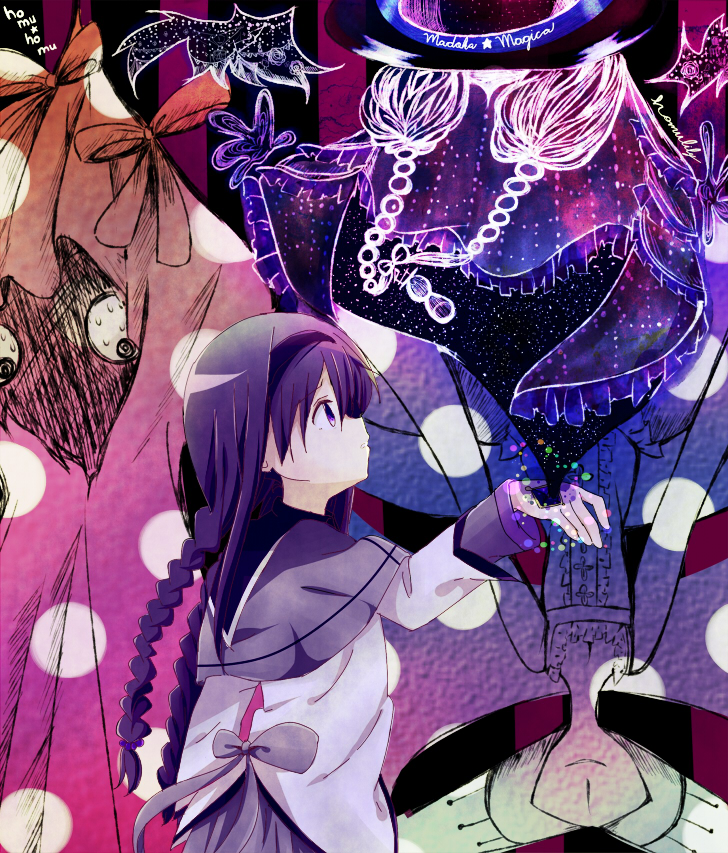 1girl akemi_homura braid capelet hairband hat homulilly mahou_shoujo_madoka_magica purple_hair ranan skirt twin_braids violet_eyes walpurgisnacht_(madoka_magica) witch_(madoka_magica)