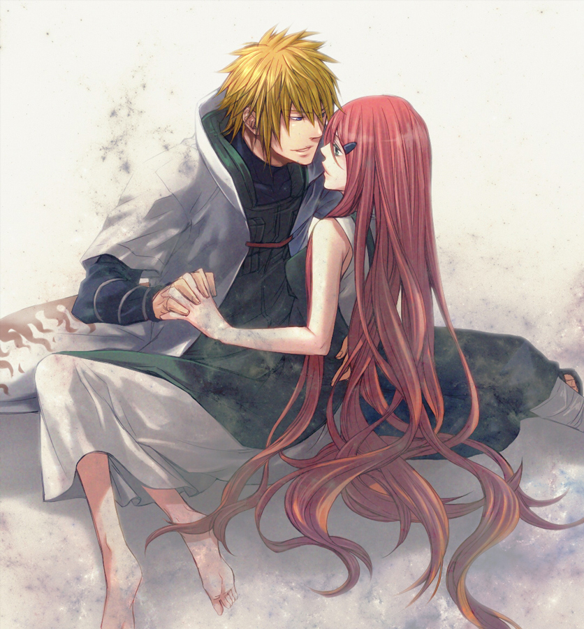 1boy 1girl apron barefoot blonde_hair couple green_eyes hair_ornament hairclip hetero holding_hands husband_and_wife long_hair nama_(f14a) namikaze_minato naruto redhead short_hair uzumaki_kushina very_long_hair