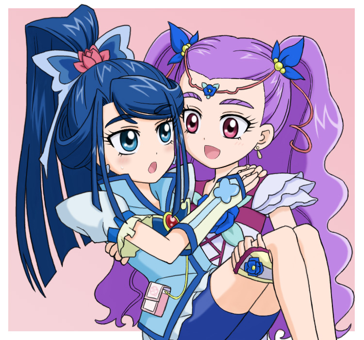 2girls :d arms_around_neck blue_eyes blue_hair blush carrying couple cure_aqua eye_contact long_hair looking_at_another milk_(precure_5) milky_rose mimino_kurumi minazuki_karen multiple_girls nibatsume open_mouth pink_background ponytail precure princess_carry purple_hair simple_background smile two_side_up violet_eyes yes!_precure_5 yes!_precure_5_gogo! yuri