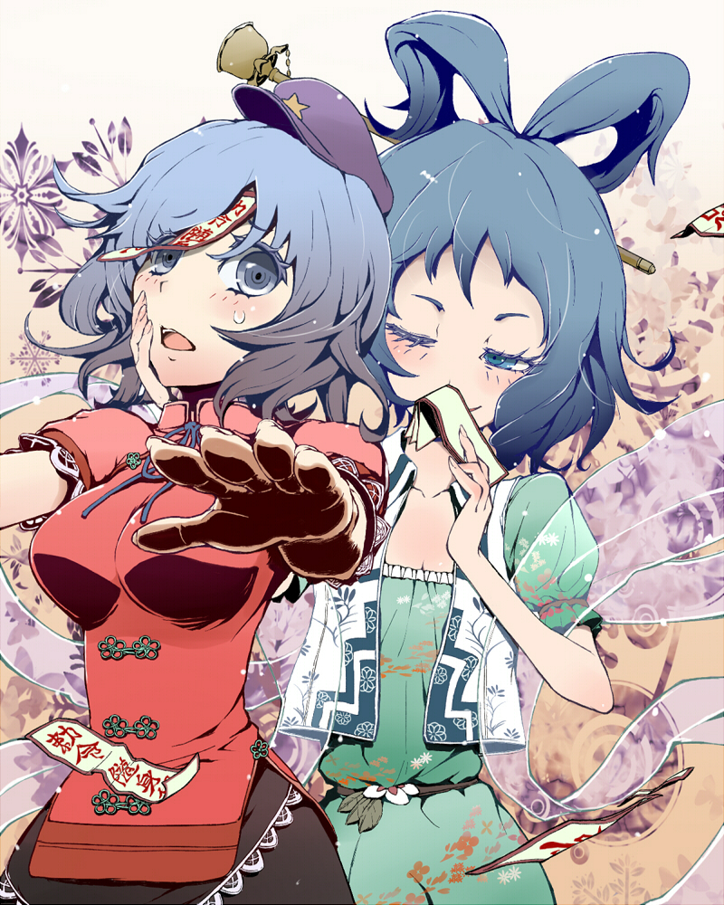 2girls belt blouse blue_eyes blue_hair breasts covering_mouth dress eyelashes fingernails floral_background hagoromo hair_rings hair_stick hand_on_another's_face hat high_collar kaku_seiga looking_at_another looking_at_viewer miyako_yoshika multiple_girls ofuda open_mouth outstretched_arms pink_background puffy_short_sleeves puffy_sleeves pureji_oshou shawl short_hair short_sleeves smile touhou wink zombie_pose