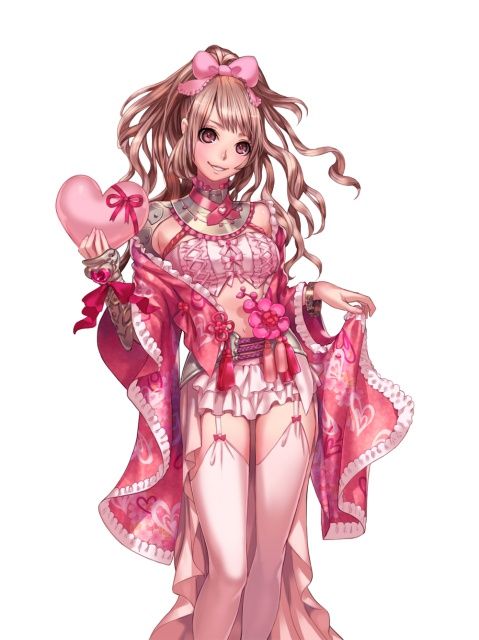 1girl artist_request bow box bracer brown_eyes brown_hair capcom character_request flower garter_straps gift gift_box hair_bow hair_flower hair_ornament heart japanese_clothes long_hair microskirt navel official_art onimusha onimusha_soul skirt smile solo thigh-highs valentine white_legwear wide_sleeves