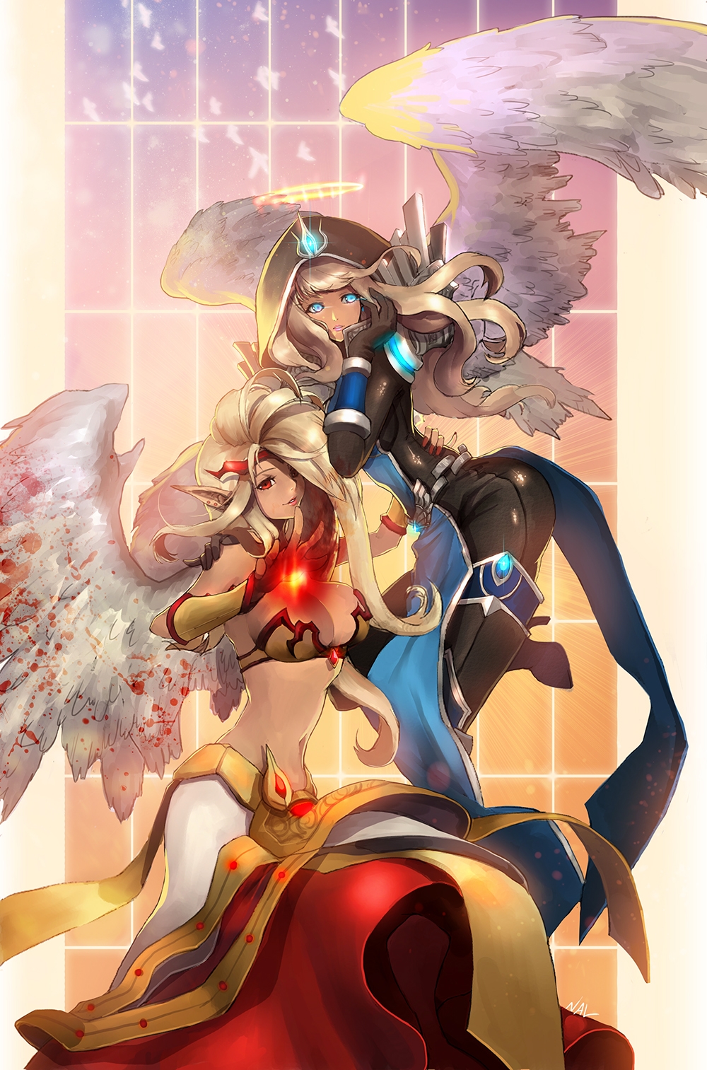 2girls angel blonde_hair blood blue_eyes bodysuit breasts cleavage earrings fingernails grin halo hat high_heels highres jewelry kayle large_breasts league_of_legends lips long_fingernails long_hair midriff morgana multiple_girls nail_polish nal_(nal's_pudding) navel parted_lips pointy_ears red_eyes shoes smile wings