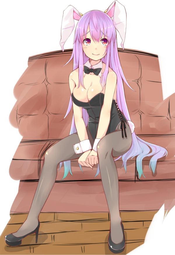 1girl animal_ears bare_shoulders black_legwear bowtie breasts bunny_girl cleavage couch high_heels leotard long_hair pantyhose purple_hair q_(a72pgc) rabbit_ears red_eyes reisen_udongein_inaba shoes smile solo touhou wrist_cuffs