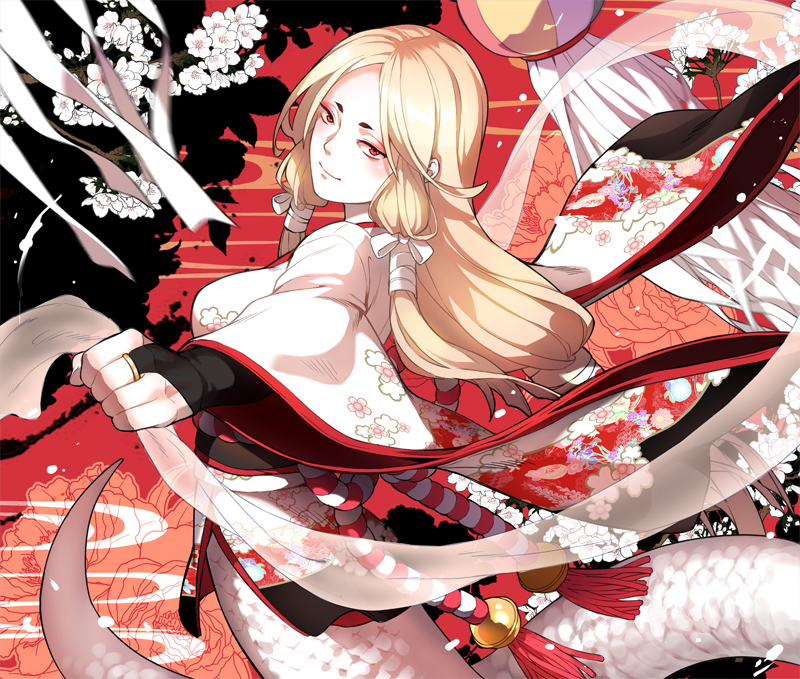 1girl bell blush flower long_hair masa_ashe original red_eyes smile solo traditional_clothes white_hair