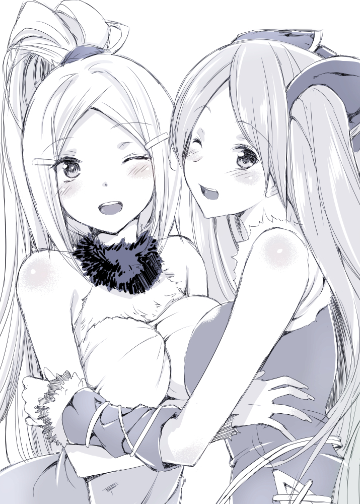 asymmetrical_docking blush breast_press breasts hair_ornament hairclip idun&amp;idunna long_hair monochrome mushi024 ponytail puzzle_&amp;_dragons sketch smile twintails wink