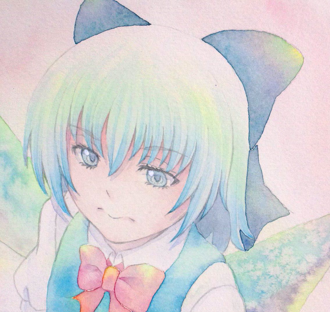 1girl blue_eyes blue_hair bow cirno hair_bow ice ice_wings pout solo touhou traditional_media watercolor_(medium) wings yuyu_(00365676)