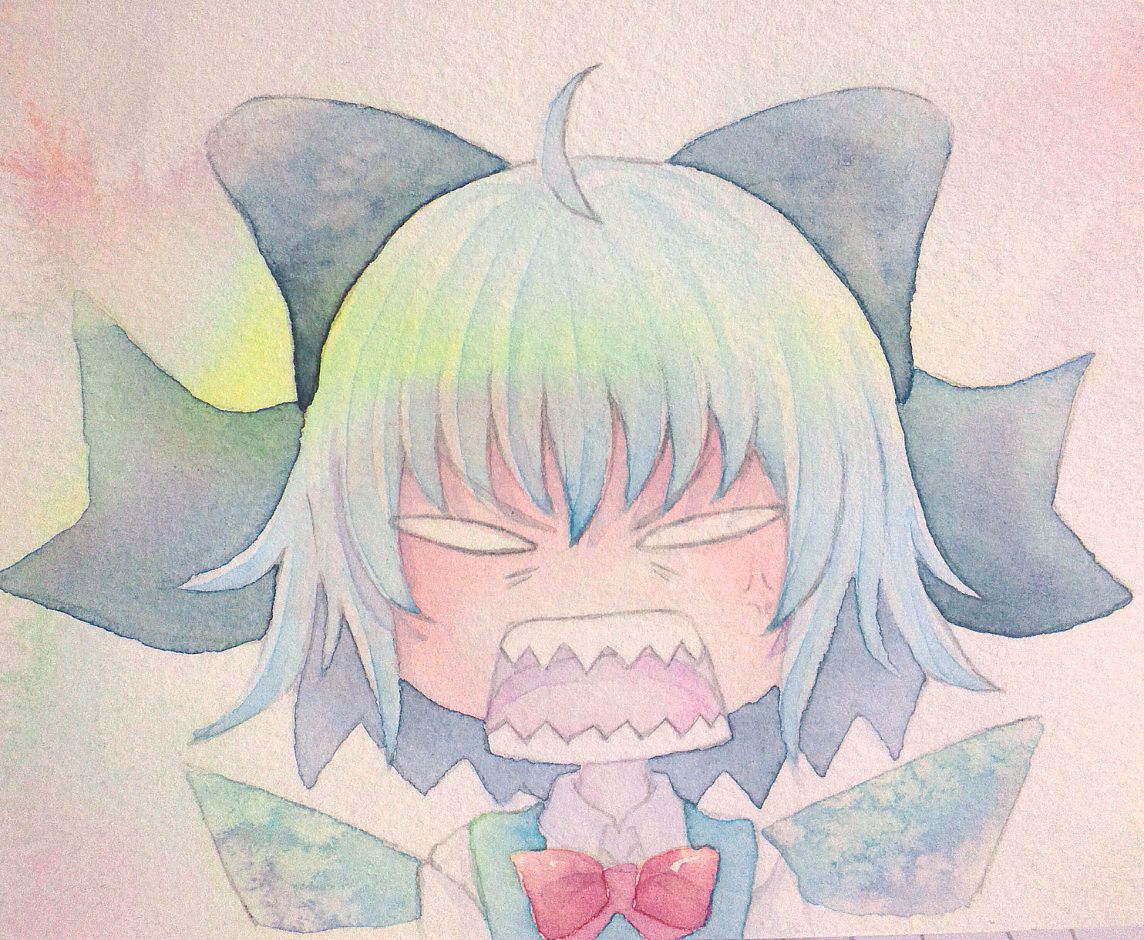 1girl angry blank_eyes blue_hair bow cirno hair_bow ice ice_wings open_mouth solo teeth touhou traditional_media watercolor_(medium) wings yuyu_(00365676)