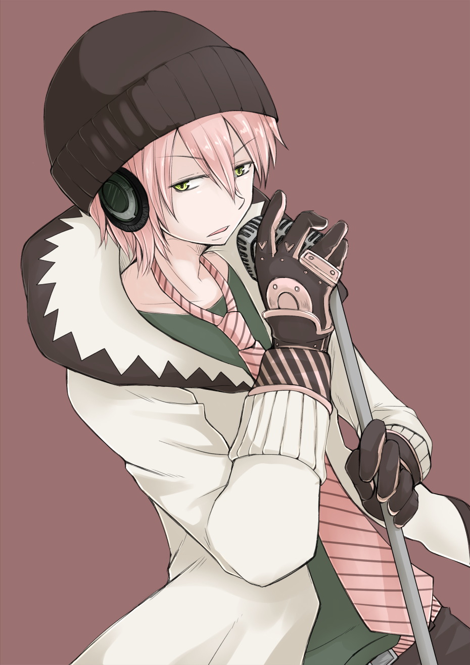 1boy beanie coat gloves hat headphones highres kumapopo male microphone necktie pink_hair vocaloid vy2 yellow_eyes