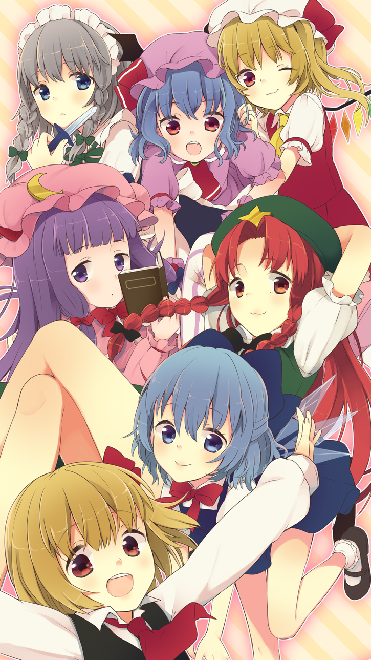 6+girls arms_behind_head ascot bat_wings black_dress blonde_hair blue_dress blue_eyes blue_hair book bow braid cirno crescent dress flandre_scarlet hair_bow hair_ribbon hat highres hong_meiling ice ice_wings izayoi_sakuya knife long_hair long_sleeves looking_at_viewer maid maid_headdress maki_(natoriumu) multiple_girls open_mouth outstretched_arms patchouli_knowledge puffy_sleeves purple_hair red_dress red_eyes redhead remilia_scarlet ribbon rumia short_hair short_sleeves siblings side_ponytail silver_hair sisters smile star touhou twin_braids very_long_hair violet_eyes wings wink