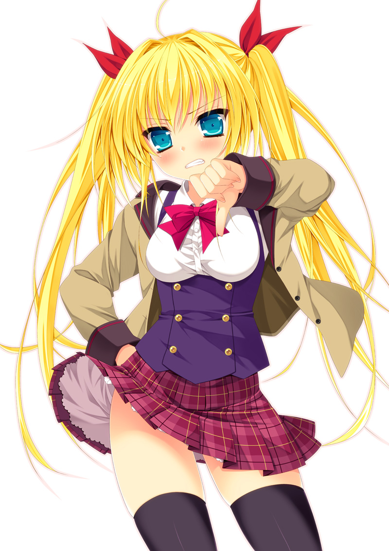 1girl angry black_legwear blonde_hair blue_eyes long_sleeves minatsuki_alumi plaid plaid_skirt school_uniform skirt sweater_vest tagme thigh-highs thumbs_up twintails zettai_ryouiki