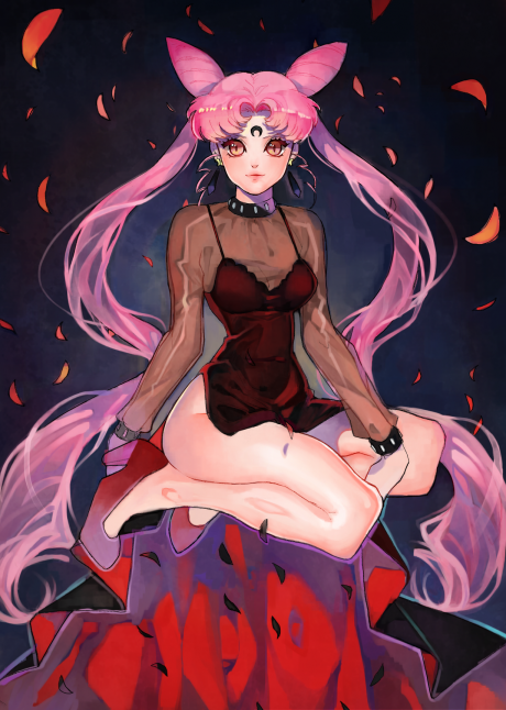 1girl adult aruterra bare_legs bishoujo_senshi_sailor_moon black_lady chibi_usa earrings facial_mark forehead_mark full_body jewelry long_hair long_sleeves looking_at_viewer no_panties orange_eyes petals pink_hair red_shoes see-through shoes side_slit slit_pupils solo very_long_hair