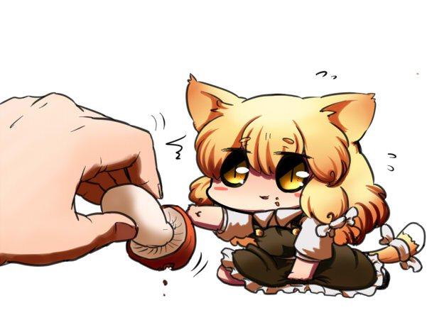 1girl animal_ears blonde_hair bow cat_ears cat_tail frills hair_bow kemonomimi_mode kirisame_marisa mushroom nura_(oaaaaaa) simple_background slit_pupils tail touhou yellow_eyes