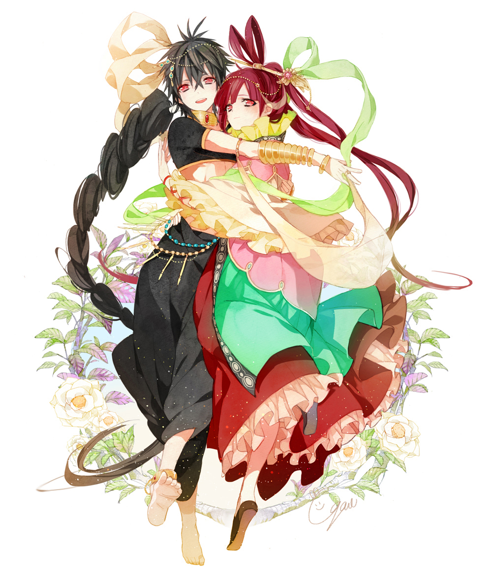 1boy 1girl barefoot black_hair braid chinese_clothes flower gomas hair_ornament hair_rings hair_stick hug jewelry judal long_hair magi_the_labyrinth_of_magic midriff neck_ring red_eyes redhead ren_kougyoku single_braid smile