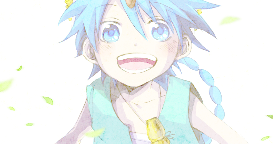 1boy aladdin_(magi) blue_eyes blue_hair braid en_(sanote) flute instrument jewelry long_hair magi_the_labyrinth_of_magic necklace smile