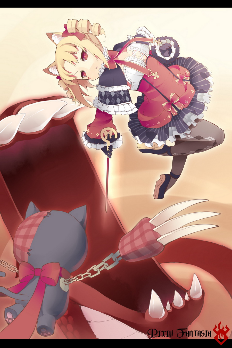 1girl animal_ears argyle argyle_legwear black_gloves black_legwear blonde_hair bow breasts capelet cat_ears chain claws cleavage drill_hair facial_mark gloves hair_bow highres large_breasts monster original pantyhose pixiv_fantasia pixiv_fantasia_new_world red_eyes saru solo stuffed_cat twin_drills wand
