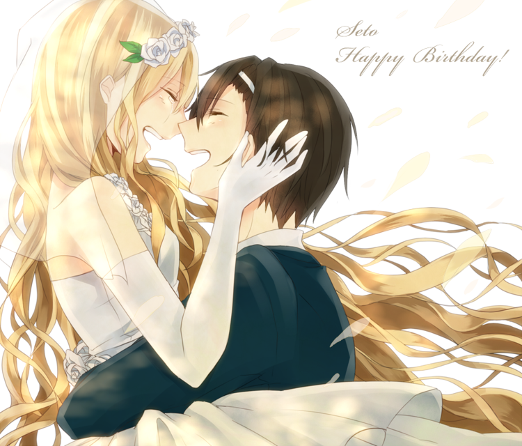 1boy 1girl bare_shoulders blonde_hair bridal_veil bride brown_hair carrying closed_eyes couple dress elbow_gloves flower gloves gown hair_ornament hairband hand_on_another's_cheek hand_on_another's_face happy happy_birthday hetero hug kagerou_project long_hair mary_(kagerou_project) rara_(pql-amz) seto_(kagerou_project) short_hair smile souzou_forest_(vocaloid) tears veil wedding wedding_dress