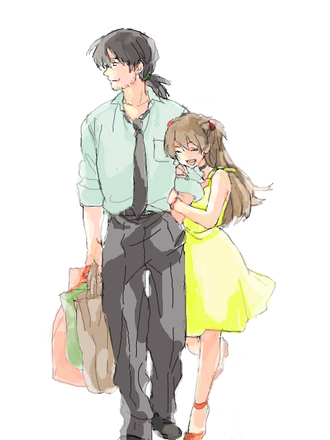 1boy 1girl age_difference artist_request bag brown_hair choker closed_eyes couple dress hand_in_pocket height_difference hug kaji_ryouji necktie neon_genesis_evangelion ponytail shopping_bag smile souryuu_asuka_langley