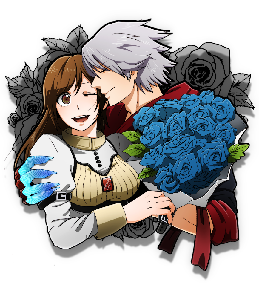 1boy 1girl blue_rose breasts brown_eyes brown_hair character_request closed_eyes couple devil_may_cry devil_may_cry_4 flower leaf mackerel_(artist) nero_(devil_may_cry) rose silver_hair wink