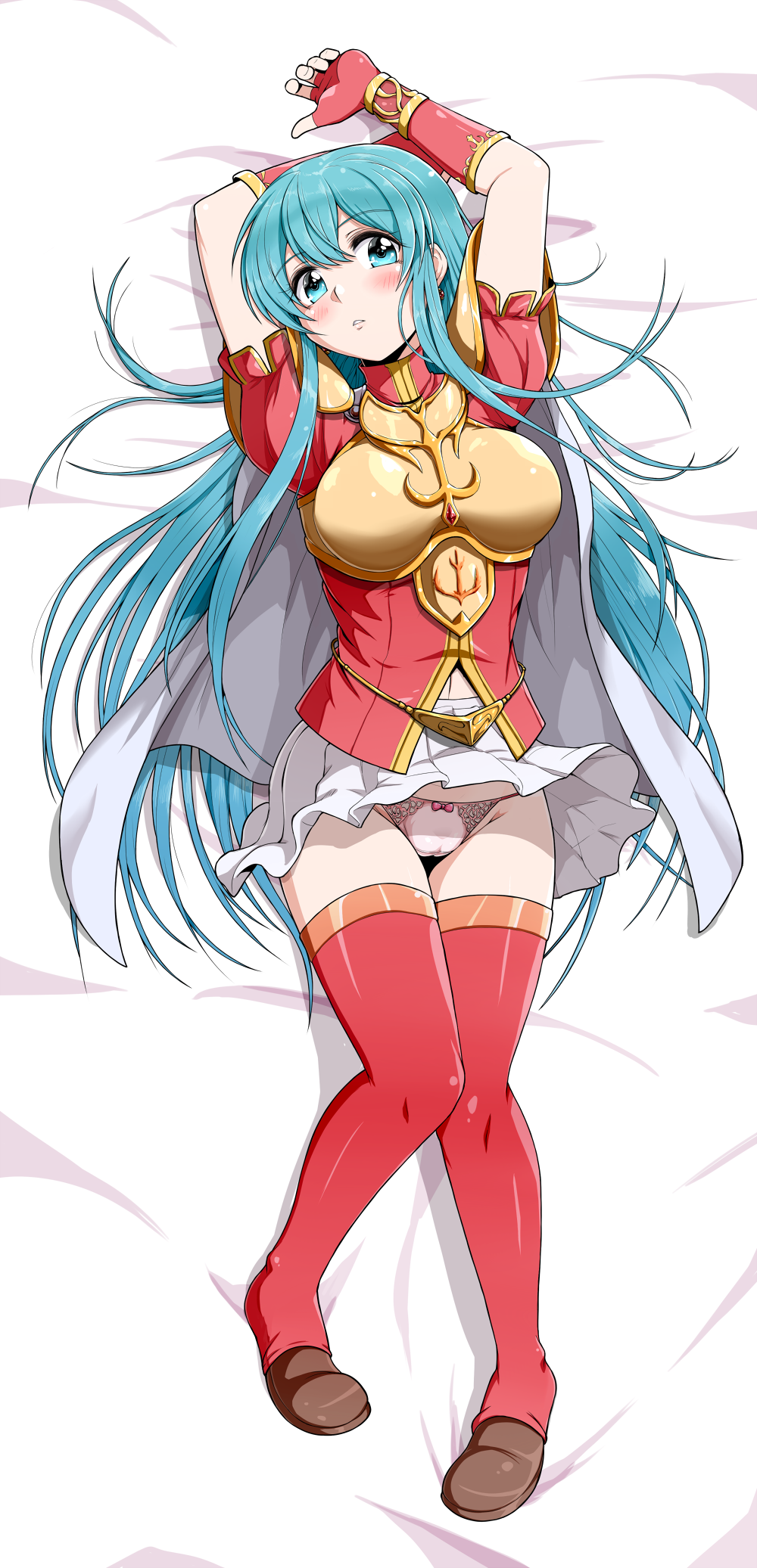 1girl armor arms_up bed_sheet blue_eyes blue_hair blush boots bow bow_panties breastplate earrings eirika_(fire_emblem) fingerless_gloves fire_emblem fire_emblem:_the_sacred_stones gloves highres jewelry kyo9999 long_hair looking_at_viewer lying muneate navel panties pantyshot pink_panties red_legwear shoes short_sleeves skirt skirt_lift solo thigh-highs thigh_boots underwear white_skirt