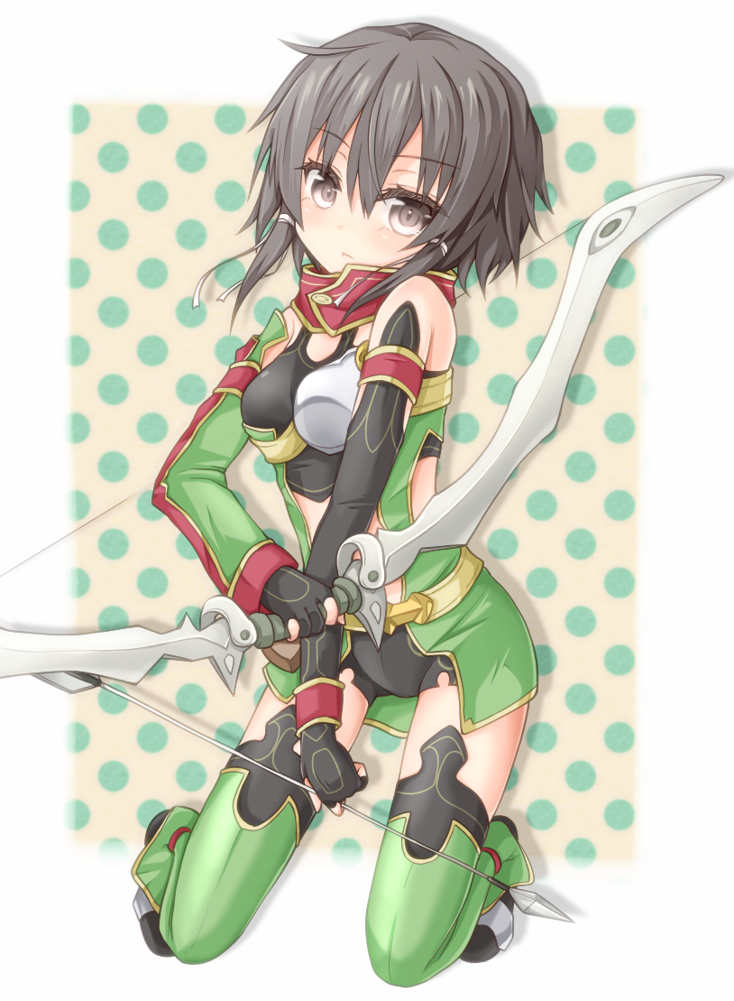 1girl arrow black_eyes black_hair bow_(weapon) breastplate detached_sleeves fingerless_gloves gloves rateratte shinon_(sao) shinon_(sao:im) short_hair short_shorts shorts sword_art_online sword_art_online:_infinity_moment thigh-highs weapon