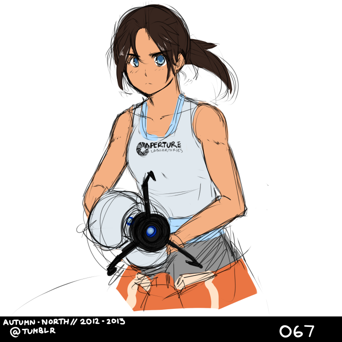 1girl aperture_laboratories aperture_science_handheld_portal_device autumn-north bare_shoulders blue_eyes brown_hair chell clothes_around_waist jumpsuit long_hair ponytail portal portal_2 solo tank_top