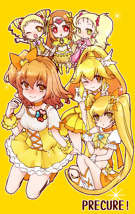 6+girls blonde_hair blush boots breasts brown_eyes brown_hair choker color_connection cure_lemonade cure_muse_(yellow) cure_peace cure_pine cure_sunshine dress earrings flower fresh_precure! futari_wa_precure futari_wa_precure_max_heart hair_flower hair_ornament hair_ribbon heart heartcatch_precure! jewelry kasugano_urara kise_yayoi kujou_hikari long_hair magical_girl midriff multiple_girls myoudouin_itsuki pink_dress ponytail precure red_eyes ribbon shiny_luminous shirabe_ako short_hair sitting skirt smile smile_precure! suite_precure tiara twintails v vest wink wrist_cuffs yamabuki_inori yellow_dress yellow_eyes yes!_precure_5 yukinabe_(pixiv944737)