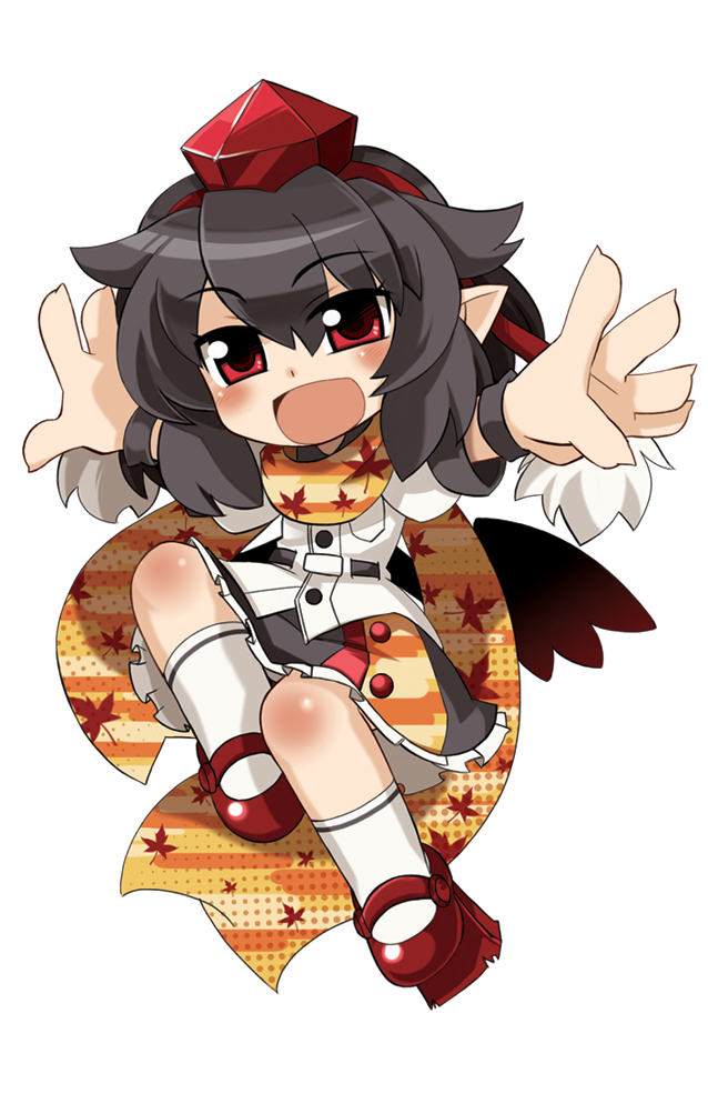 1girl :d black_hair blush chibi geta hat leaf maple_leaf nada_haruka open_mouth red_eyes scarf shameimaru_aya short_hair simple_background skirt smile socks solo tokin_hat touhou white_background wings