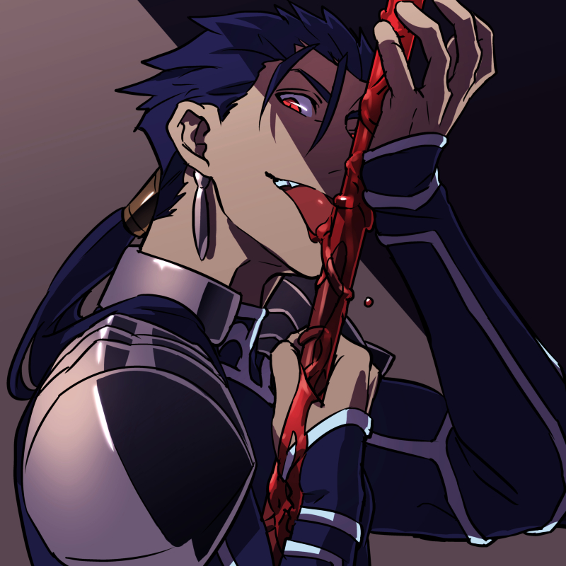 1boy blood blue_hair fate/stay_night fate_(series) gae_bolg lancer licking long_hair polearm ponytail red_eyes sexy44 solo spear weapon