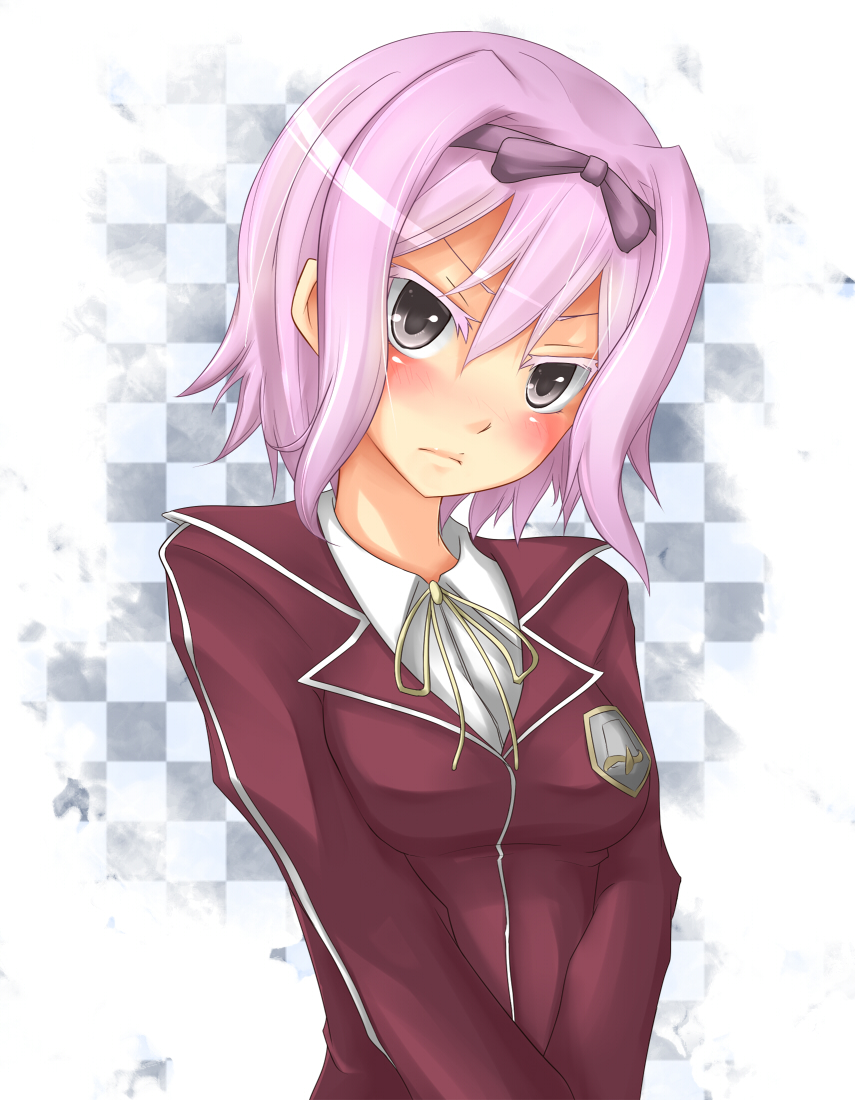 1girl black_eyes blush breasts character_request checkered checkered_background frown looking_at_viewer purple_hair school_uniform shintani_tsushiya short_hair simple_background solo tag_force white_background yuu-gi-ou yuu-gi-ou_5d's