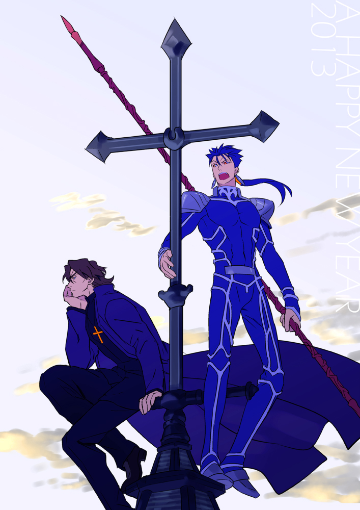 2013 2boys blue_hair brown_hair cassock cross cross_necklace earrings fate/stay_night fate_(series) gae_bolg happy_new_year jewelry kotomine_kirei lancer long_hair multiple_boys necklace polearm ponytail red_eyes sexy44 spear weapon
