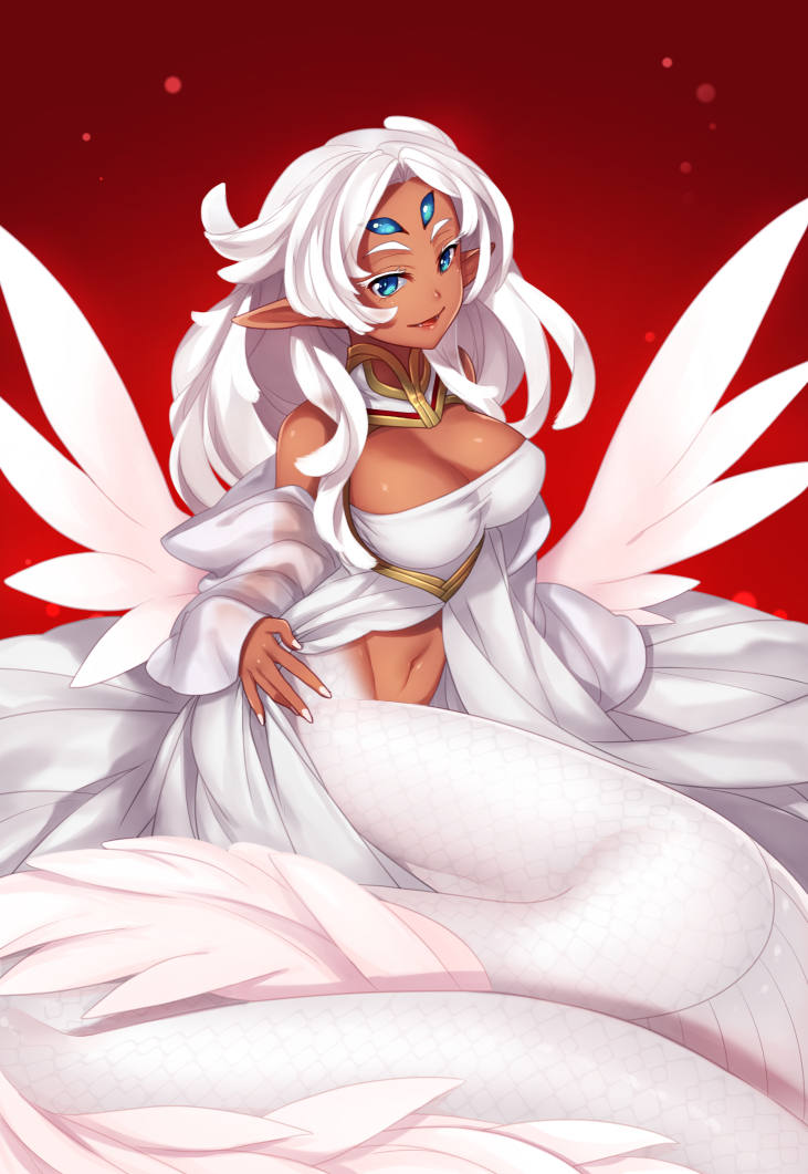 1girl blue_eyes breasts cleavage cleavage_cutout dark_skin hazuki_gean lamia large_breasts long_hair looking_at_viewer monster_girl navel original pixiv_fantasia pixiv_fantasia_new_world pointy_ears scales smile solo white_hair wings
