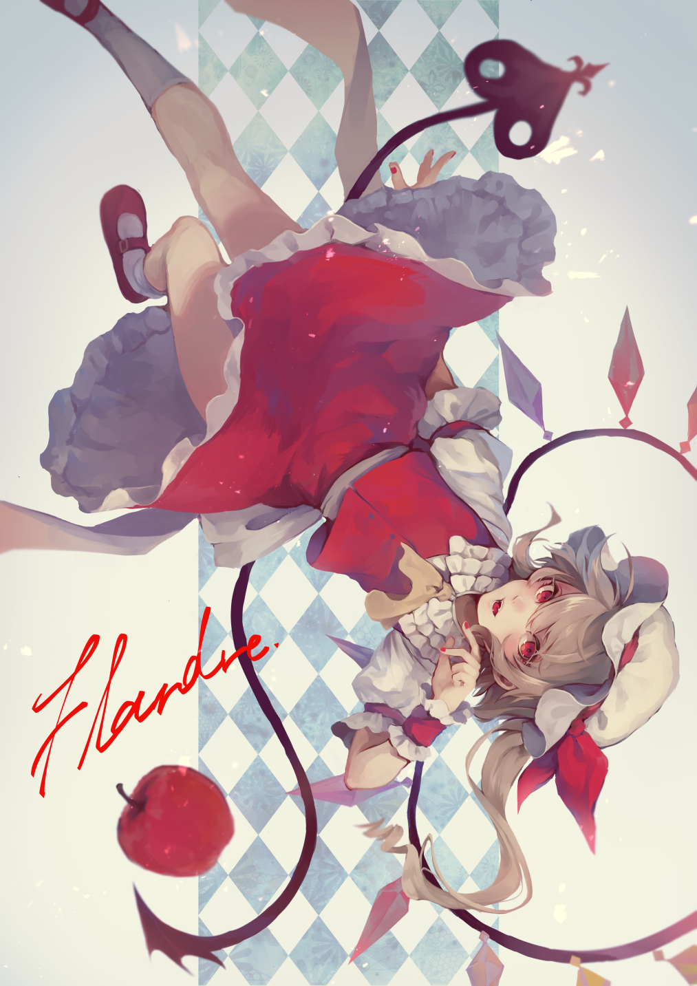 1girl apple blonde_hair character_name commentary_request crystal fangs flandre_scarlet food fruit gensou_aporo hat highres laevatein long_hair looking_at_viewer mob_cap nail_polish neckerchief red_eyes red_nails side_ponytail skirt smile solo touhou upside-down wings wrist_cuffs