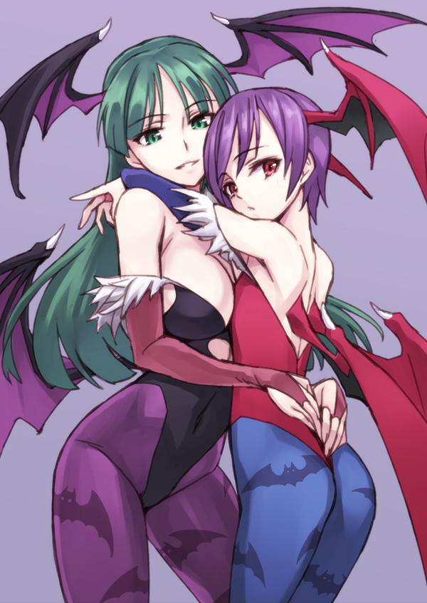 2girls ass bat_print blue_legwear breasts bridal_gauntlets demon_wings flat_chest green_eyes green_hair head_wings hug large_breasts lilith_aensland long_hair matsuryuu morrigan_aensland multiple_girls multiple_wings pantyhose purple_hair purple_legwear red_eyes short_hair siblings sisters smile vampire_(game) wings