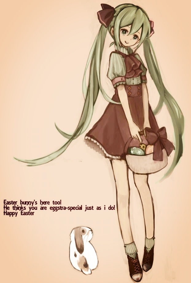 1girl basket dress easter easter_egg green_eyes green_hair hatsune_miku long_hair rabbit smile solo twintails very_long_hair vocaloid zombie_neko