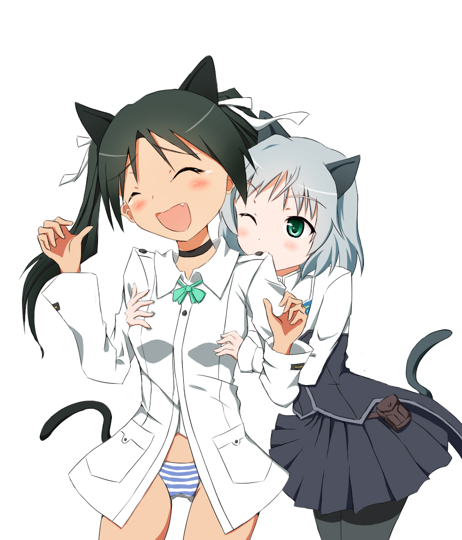 2girls 6954koiru :d ^_^ animal_ears aqua_eyes black_legwear choker closed_eyes francesca_lucchini green_hair grey_hair military military_uniform multiple_girls panties pantyhose sanya_v_litvyak skirt strike_witches striped striped_panties tail tears tickling underwear uniform wink