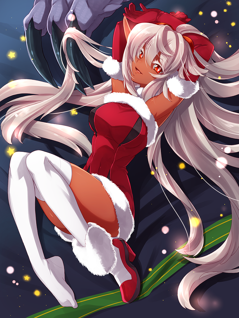 1girl armpits arms_up blush breasts claws dark_skin elbow_gloves gloves hazuki_gean large_breasts long_hair looking_at_viewer original pointy_ears red_eyes santa_costume silver_hair smile solo star thigh-highs white_legwear