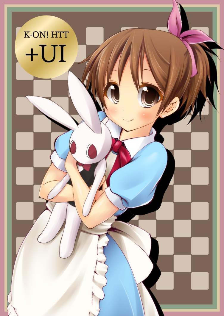 1girl aruha brown_eyes brown_hair dress hirasawa_ui k-on! ponytail rabbit short_hair stuffed_animal stuffed_bunny stuffed_toy