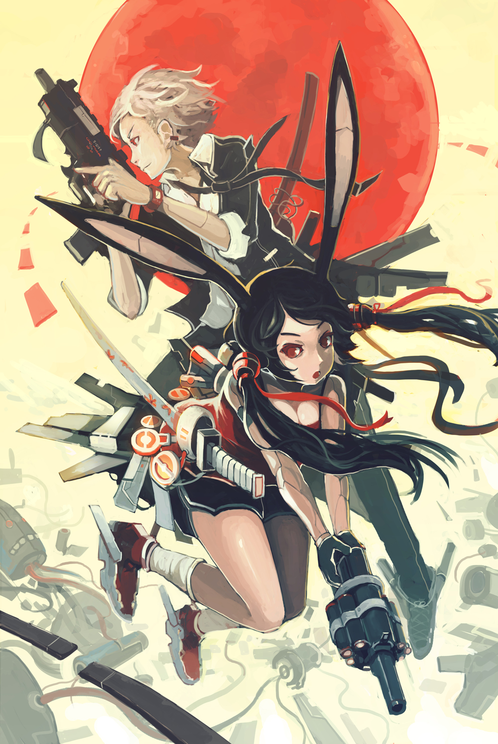 1boy 1girl alchemaniac android animal_ears ankle_wings black_gloves black_hair breasts cleavage earrings full_moon gloves grenade_launcher gun hair_tubes highres jewelry long_hair loose_necktie mechanical_arms moon original rabbit_ears red_eyes red_moon short_hair shorts silver_hair submachine_gun thrusters twintails watch watch weapon