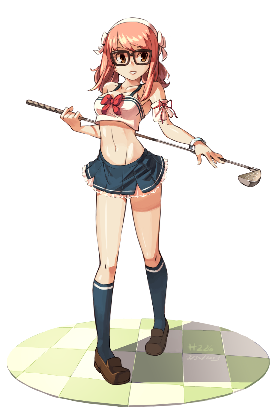 1girl bare_shoulders breasts brown_eyes character_request glasses golf_club hairband highres junkpuyo kneehighs loafers midriff mound_of_venus navel pangya redhead ribbon shoes simple_background skirt socks solo standing transparent_background