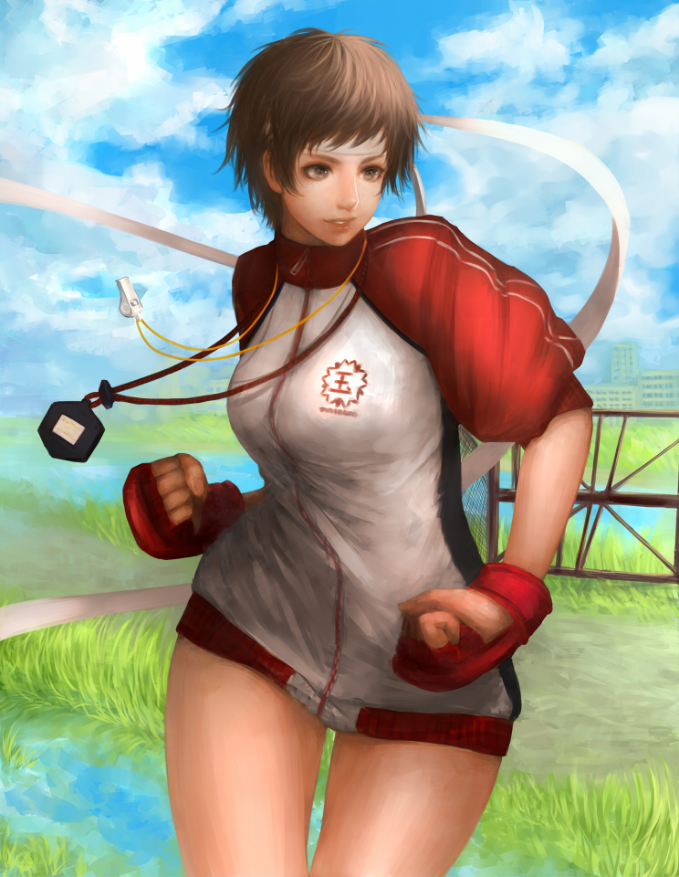 1girl alternate_costume blue_sky breasts brown_eyes brown_hair clenched_hands fighting_stance fingerless_gloves gloves headband kasugano_sakura large_breasts mintcat_(minti-na) no_pants short_hair sky sleeves_rolled_up solo stopwatch street_fighter street_fighter_iv taut_clothes track_jacket watch whistle