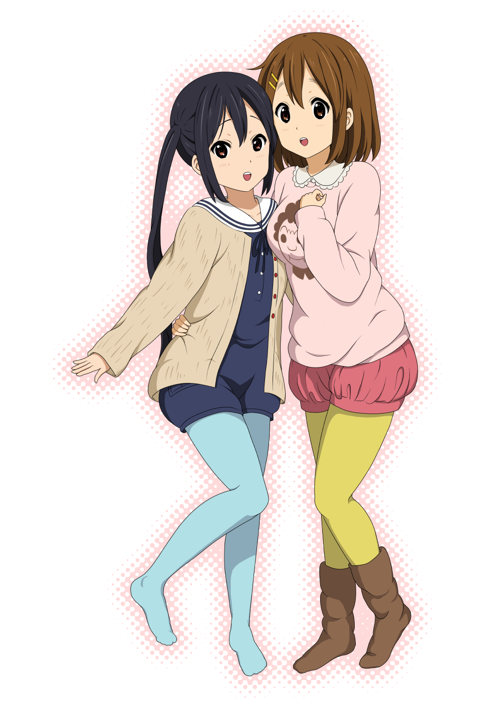 2girls brown_eyes brown_hair ckst highres hirasawa_yui k-on! k-on!_movie long_hair multiple_girls nakano_azusa pantyhose short_hair twintails