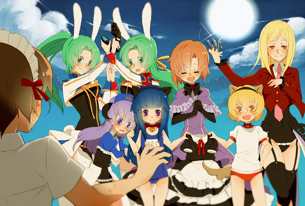 1boy 6+girls =_= ai-wa animal_ears bell bell_collar blonde_hair blue_eyes blue_hair blush brown_hair buruma cat_ears cat_tail collar company_connection cosplay creator_connection dog_ears dog_tail drooling eiserne_jungfrau eva_beatrice eva_beatrice_(cosplay) fake_animal_ears fake_tail fang full_moon furude_rika garter_straps green_eyes green_hair gun gym_uniform hands_together hanyuu higurashi_no_naku_koro_ni horns houjou_satoko long_hair maebara_keiichi maid maid_headdress moon multiple_girls open_mouth orange_hair ponytail purple_hair rabbit_ears ryuuguu_rena school_swimsuit short_hair showgirl_skirt siblings siesta410 siesta410_(cosplay) siesta45 siesta45_(cosplay) siesta_sisters sisters sky smile sonozaki_mion sonozaki_shion stakes_of_purgatory sweat swimsuit syringe tail takano_miyo taser thigh-highs twins umineko_no_naku_koro_ni violet_eyes weapon