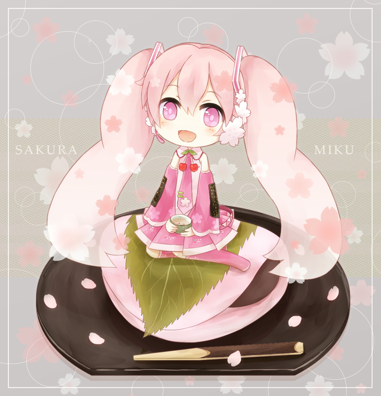 1girl character_name chibi detached_sleeves flower food hair_flower hair_ornament hatsune_miku headset in_food izayoi_shigure kneehighs long_hair minigirl necktie open_mouth pink_eyes pink_hair sakura_miku sakura_mochi sitting skirt solo twintails very_long_hair vocaloid wagashi yokozuwari