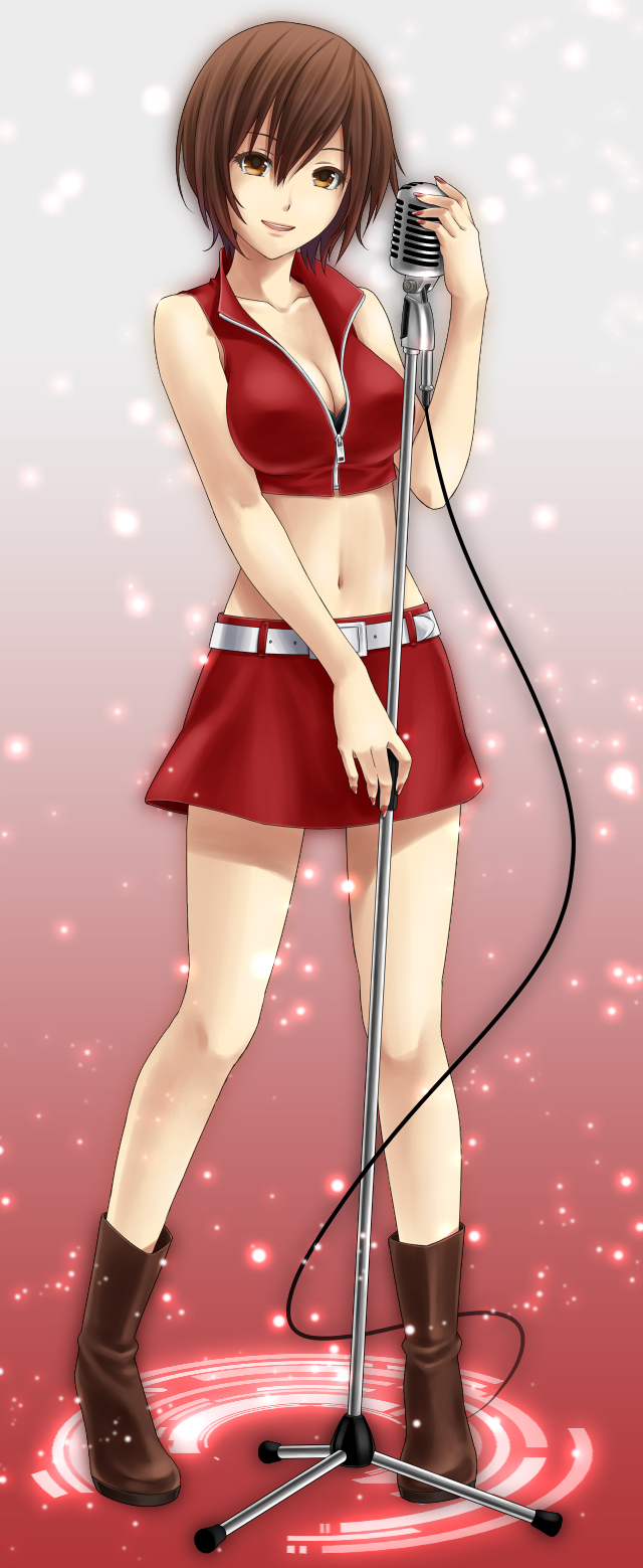 1girl asami_(undoundo) boots breasts brown_eyes brown_hair cleavage highres meiko microphone_stand midriff navel short_hair smile solo standing vintage_microphone vocaloid