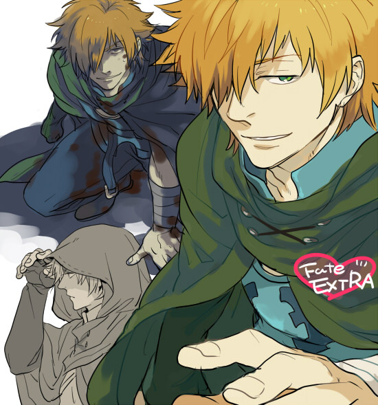 archer_(fate/extra) blood cape cloak fate/extra fate_(series) green_eyes hood nano_(veek) orange_hair