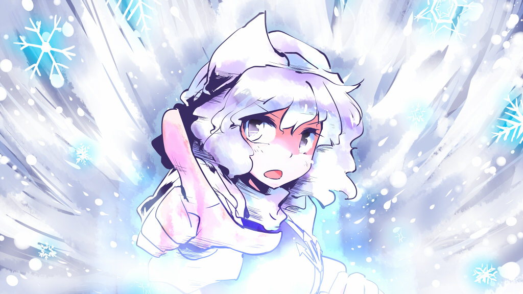 1girl hat lavender_eyes lavender_hair letty_whiterock nyoron_(fudegatana) pointing snowflakes solo touhou triangular_headpiece wavy_hair