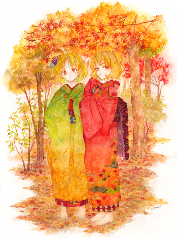 2girls :o aki_minoriko aki_shizuha alternate_costume autumn_leaves barefoot blonde_hair food forest fruit grapes hair_ornament hands_in_sleeves head_tilt japanese_clothes kimono leaf looking_at_viewer maple_leaf multiple_girls nature no_hat no_headwear obi ozawa red_eyes short_hair siblings side_ponytail sisters touhou
