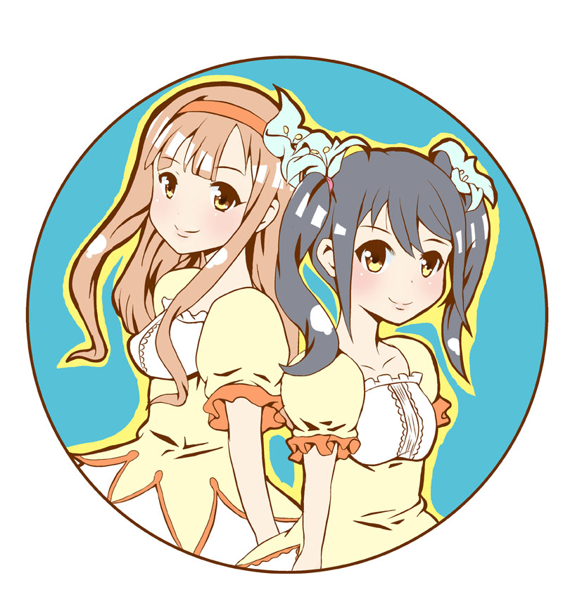 2girls black_hair brown_eyes brown_hair dress flower hair_flower hair_ornament hairband idolmaster idolmaster_cinderella_girls long_hair mizumoto_yukari multiple_girls nakano_yuka smile toufuu twintails