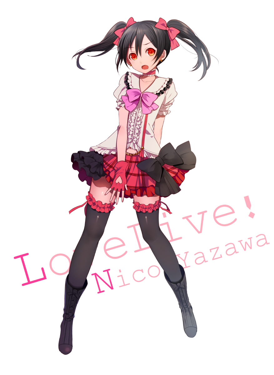 black_hair boots bow character_name collar fingerless_gloves frills gloves hair_bow harano highres long_hair love_live!_school_idol_project red_eyes ribbon skirt solo standing thigh-highs title_drop twintails yazawa_nico